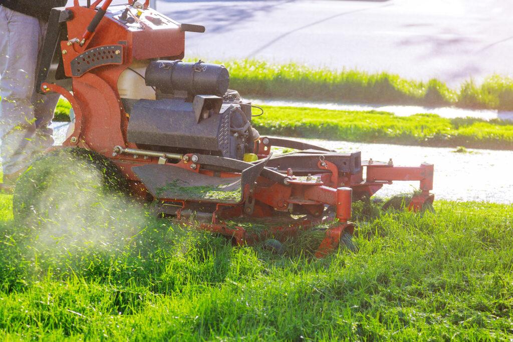 Swept away employee cutting grass in summer with a professional gardener mowing lawn of commercial building.